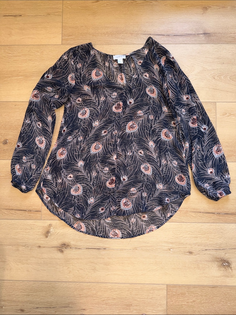 LOFT Black Long-Sleeve Blouse with Pink Floral Feather Print